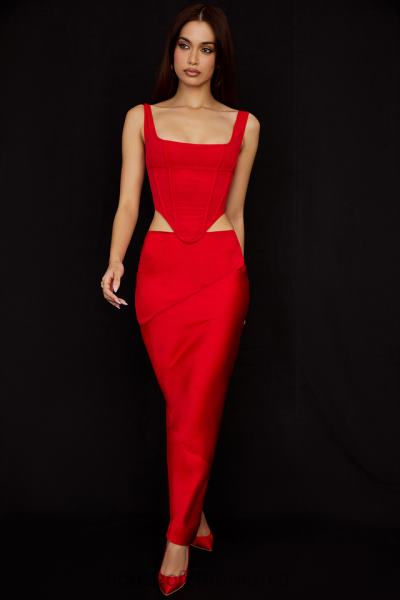 îmbrăcăminte House of CB Fusta midi colette stacojie cu talie joasa din satin X4F68943