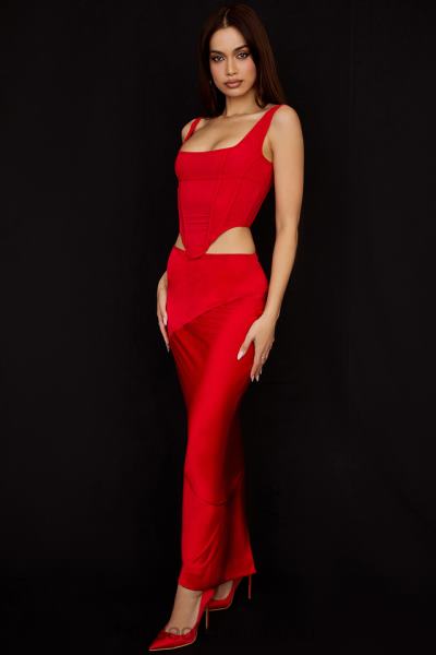 îmbrăcăminte House of CB Fusta midi colette stacojie cu talie joasa din satin X4F68943