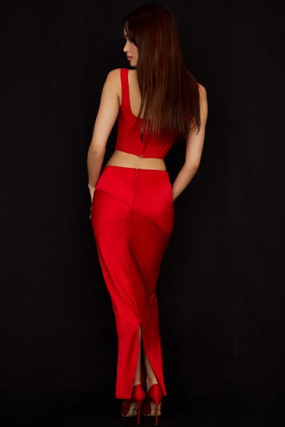 îmbrăcăminte House of CB Fusta midi colette stacojie cu talie joasa din satin X4F68943