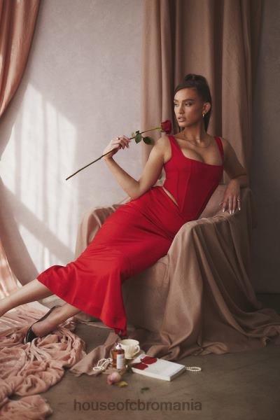 îmbrăcăminte House of CB Fusta midi colette stacojie cu talie joasa din satin X4F68943