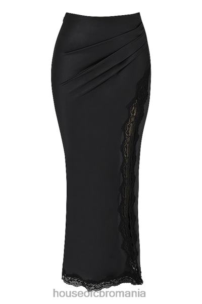 îmbrăcăminte House of CB Fusta midi cu dantelă din satin negru rubin X4F68899