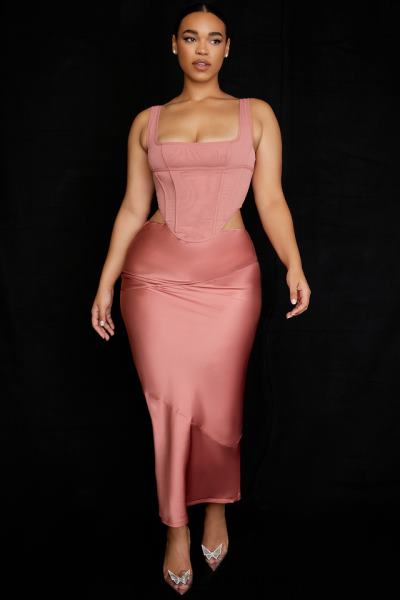 îmbrăcăminte House of CB Fusta midi din satin colette rose cu talie joasa X4F68948