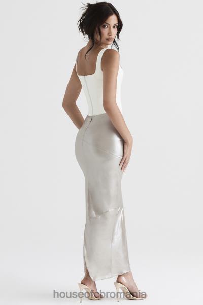 îmbrăcăminte House of CB fusta midi colette shimmer champagne X4F68898