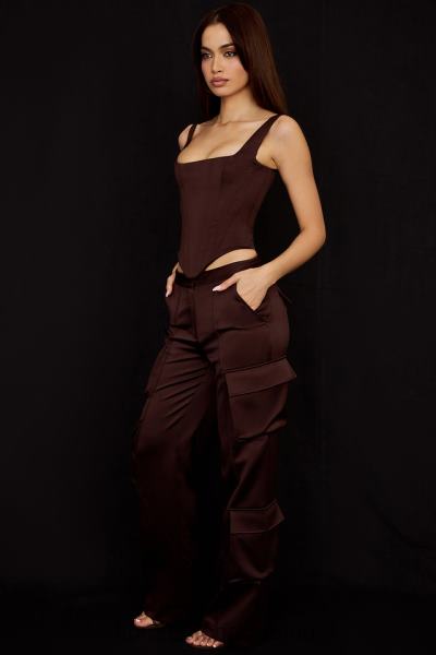 îmbrăcăminte House of CB pantaloni cargo din satin ciocolata daria X4F68939