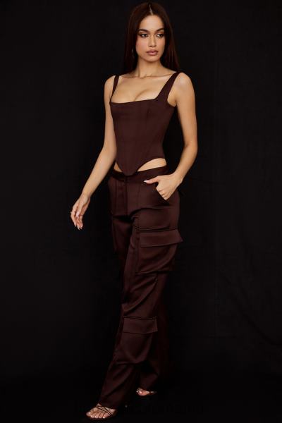 îmbrăcăminte House of CB pantaloni cargo din satin ciocolata daria X4F68939