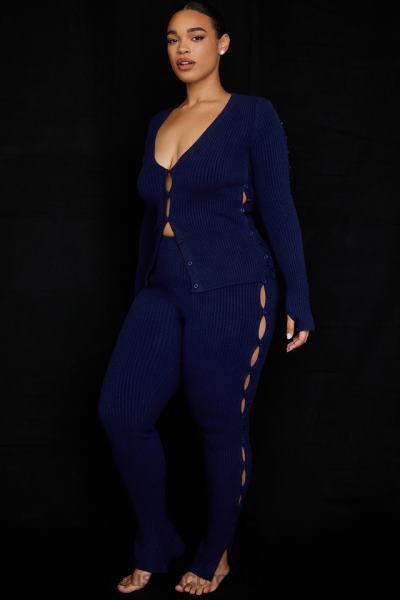 îmbrăcăminte House of CB pantaloni din tricot cu nervuri belong bleumarin X4F68952