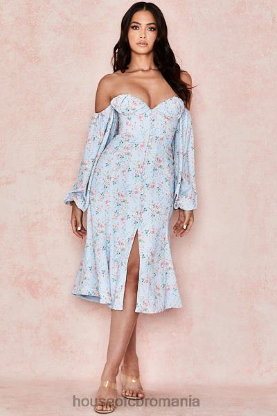 îmbrăcăminte House of CB rochie de soare midi bardot floral albastru hope X4F68608