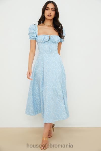 îmbrăcăminte House of CB rochie midi cu mâneci bufante cu flori tallulah albastru fildeș X4F68550
