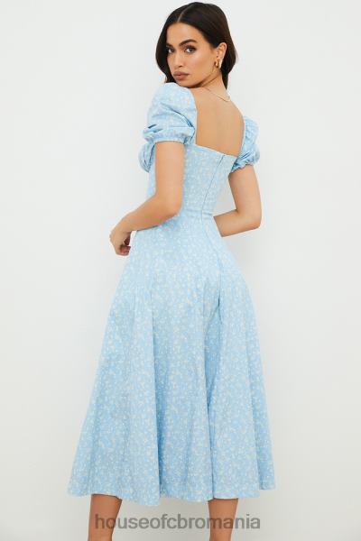 îmbrăcăminte House of CB rochie midi cu mâneci bufante cu flori tallulah albastru fildeș X4F68550