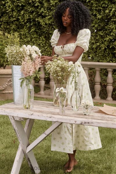 îmbrăcăminte House of CB rochie midi cu mâneci bufante florale tallulah ivoire X4F68561