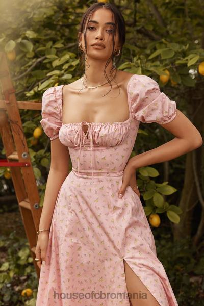 îmbrăcăminte House of CB rochie midi tallulah roz floral cu maneci bufante X4F68566