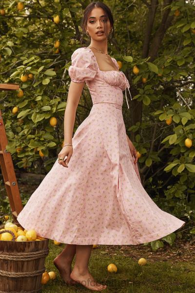 îmbrăcăminte House of CB rochie midi tallulah roz floral cu maneci bufante X4F68566