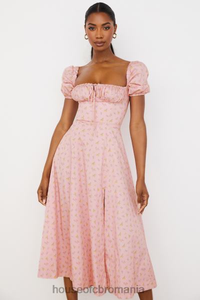 îmbrăcăminte House of CB rochie midi tallulah roz floral cu maneci bufante X4F68566