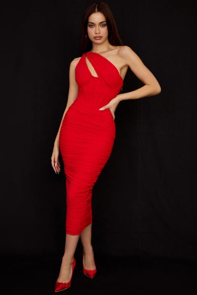 îmbrăcăminte House of CB rochie midi valentina scarlet cu decupaj asimetric X4F68509