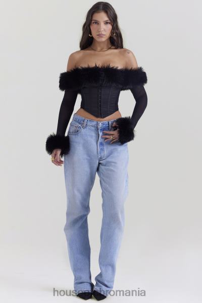 îmbrăcăminte House of CB Merle corset negru cu blană artificială X4F682