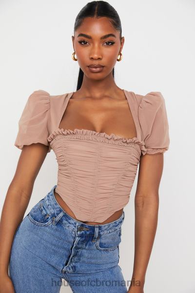 îmbrăcăminte House of CB corset adunat cu mâneci bufante din plasă nora bronz X4F6890