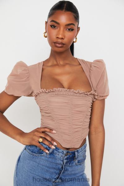 îmbrăcăminte House of CB corset adunat cu mâneci bufante din plasă nora bronz X4F6890