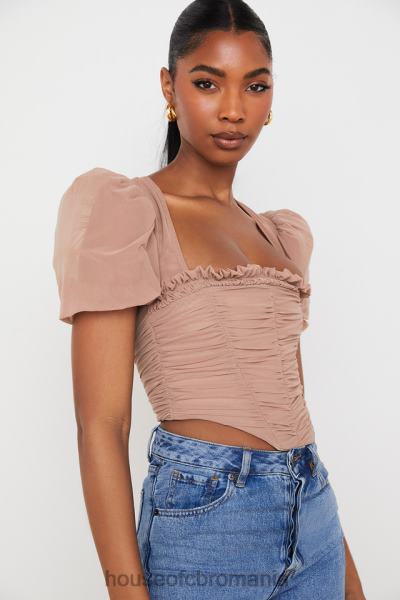 îmbrăcăminte House of CB corset adunat cu mâneci bufante din plasă nora bronz X4F6890