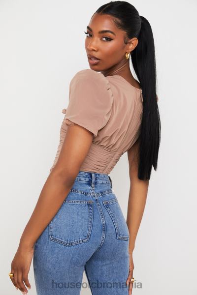 îmbrăcăminte House of CB corset adunat cu mâneci bufante din plasă nora bronz X4F6890