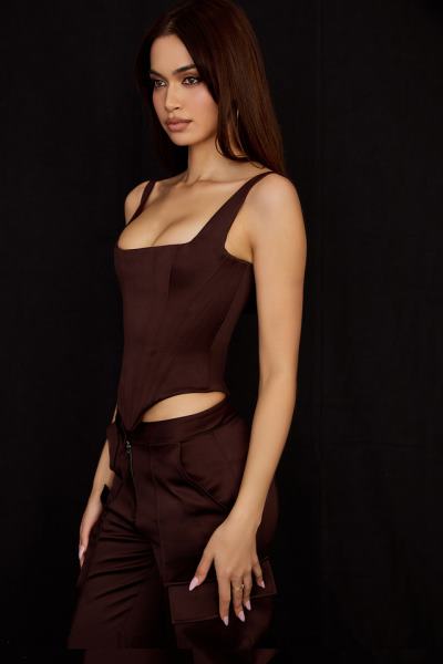 îmbrăcăminte House of CB corset cu paragate din satin ciocolata rafa X4F6861