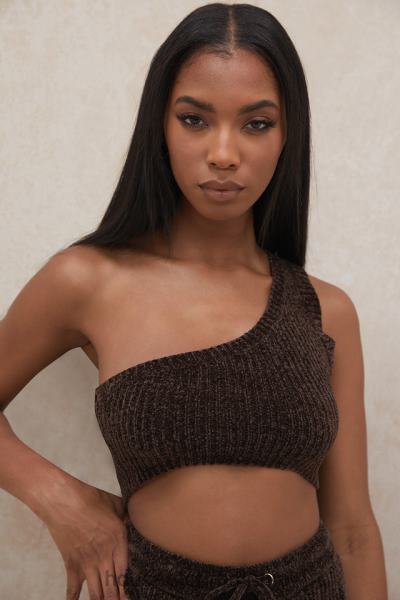 îmbrăcăminte House of CB top crop pe un umăr, chenille, ciocolată charlie X4F68782