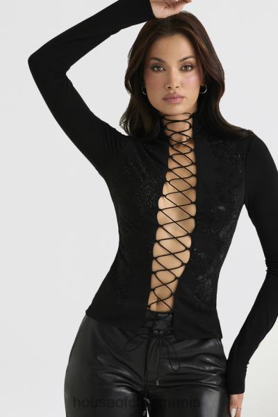 îmbrăcăminte House of CB top cu dantelă lori negru cristalizat X4F68701