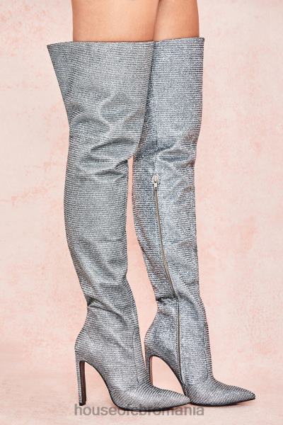 pantofi House of CB cizme din piele înalte pe coapsă cu sclipire argintie stardust X4F681115