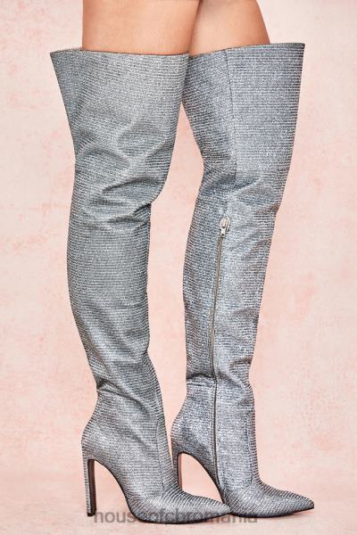 pantofi House of CB cizme din piele înalte pe coapsă cu sclipire argintie stardust X4F681115