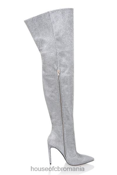 pantofi House of CB cizme din piele înalte pe coapsă cu sclipire argintie stardust X4F681115