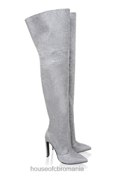 pantofi House of CB cizme din piele înalte pe coapsă cu sclipire argintie stardust X4F681115